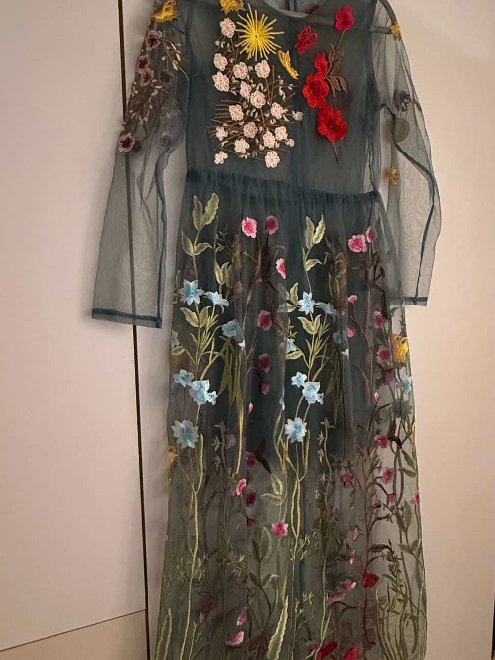 Embroidered Sheer Floral Maxi Dress - Multicolor